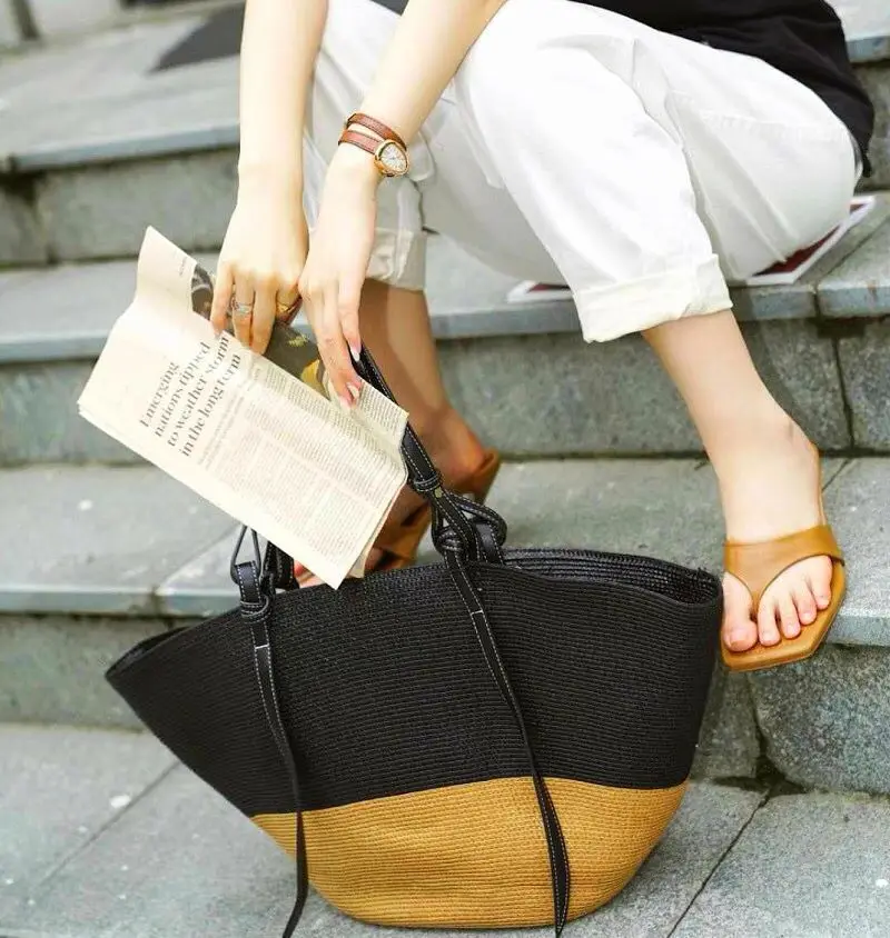PP braid woven tassel handle ladies bag for travel beach