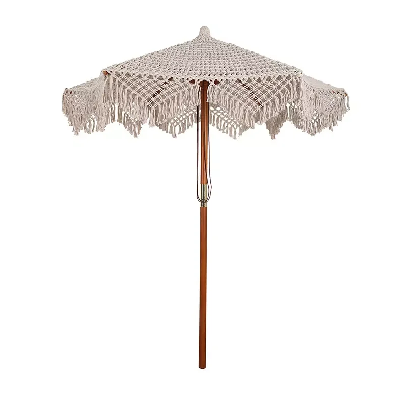Quality Crochet Patio Wooden Umbrella Handmade Cotton Tassels 2.5m Parasol Macrame Ropes Open Umbrella With Fringe
