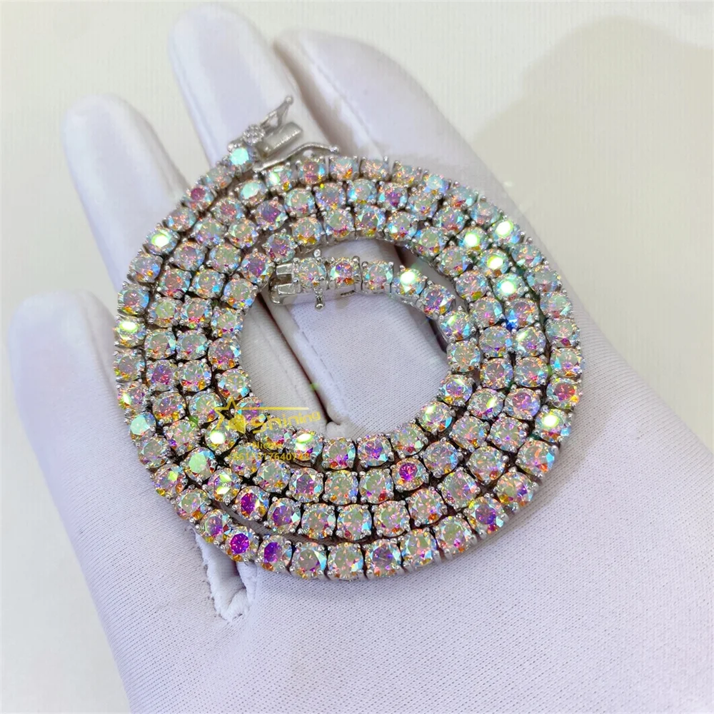 Fine jewelry new design hip hop rainbow colorful white diamond 925 silver moissanite tennis chain