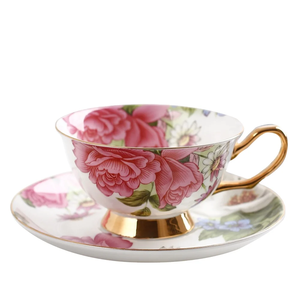 bone china cute ceramic tea cafe coffee cup saucer printing flower personalized factory with gold handle logo teacup