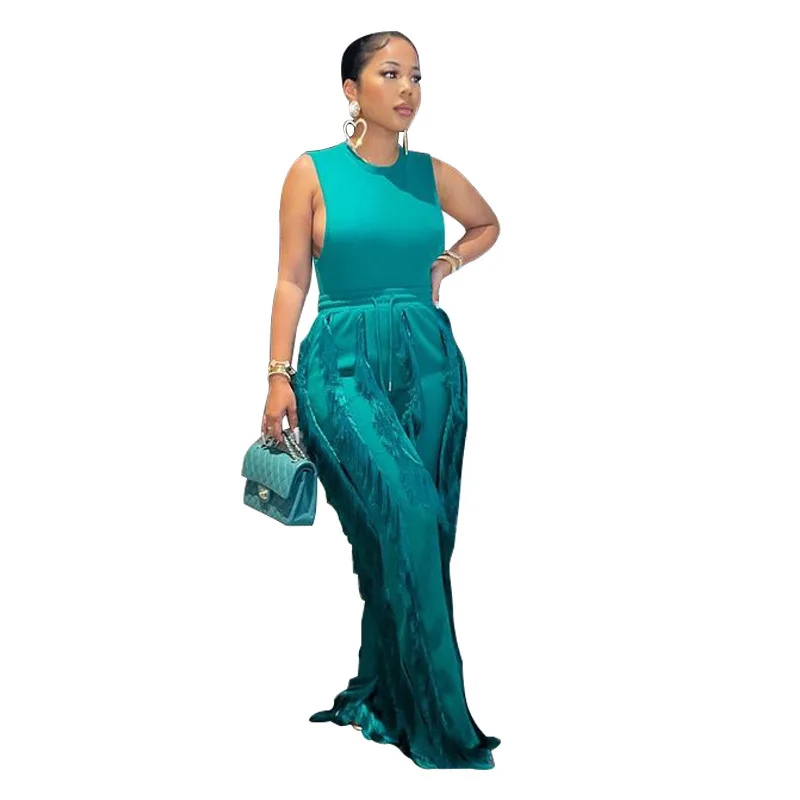 Summer solid sleeveless lace up vest and long pants plus size 5XL 2 piece set fringed women wide leg pants two piece set