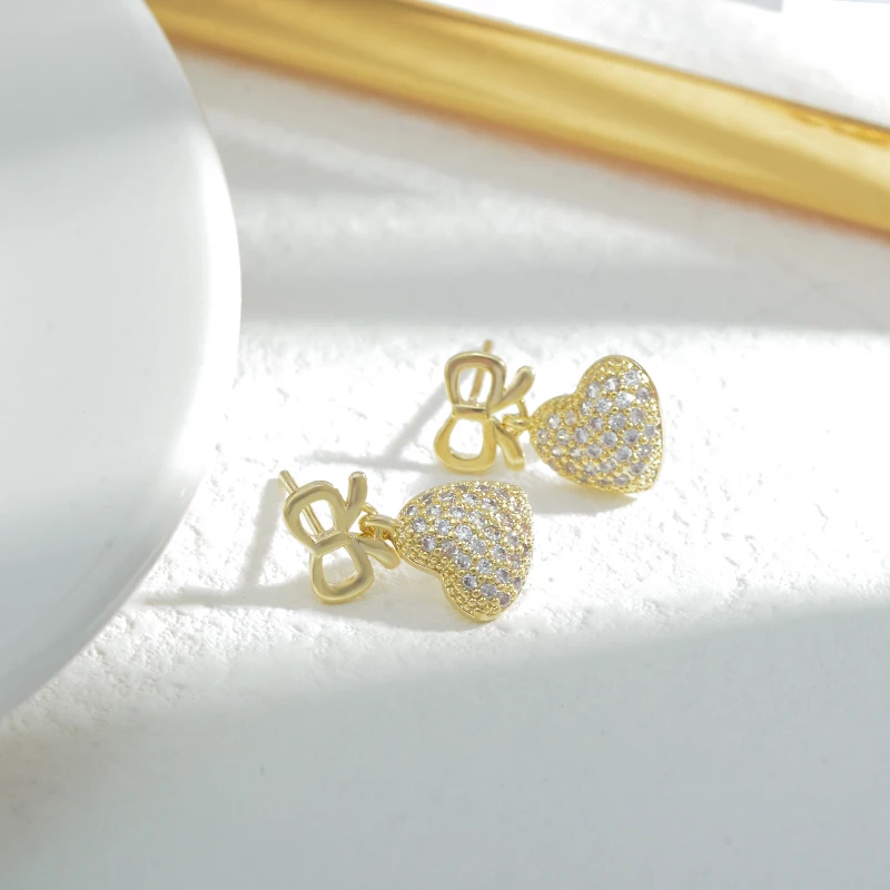 ED80295 Korean fashion gold plated women jewelry diamond heart drop bowknot stud earrings