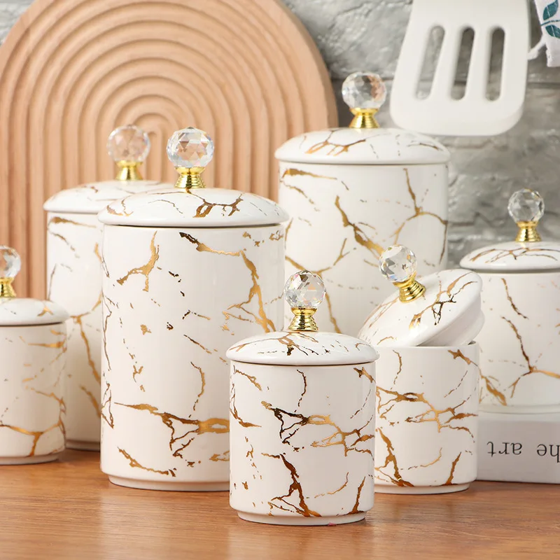 Marble Ceramic Spice Jars with Lid Porcelain Condiment Jars Set 7 Pcs Ceramic Seasoning Condiment Pots