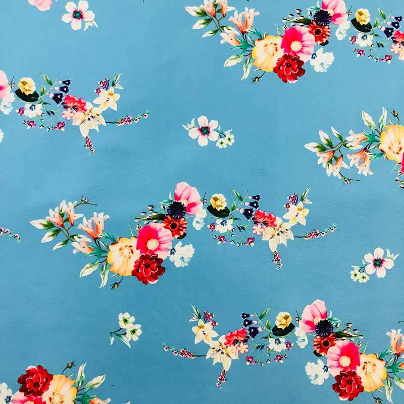 
Moss satin crepe fabric printed printed blue crepe with flower pattern for women dress 