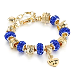 Amazon Hot Gold Plated Snake Chain Zircon Crystal DIY Beads I Love You Heart Pendant Women Adjustable Charm Bracelet Jewelry