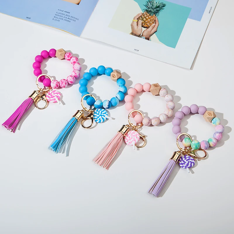 2024 Colorful Silicone Key Chain Bracelet Key Holder Ring DIY Large Silicone Bead Bangle Bracelet Tassel Keychain