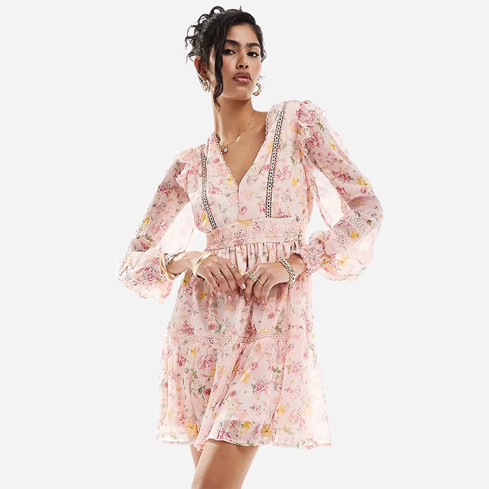 Deep V Neck Volume Sleeves Lace Insert Dusty Pink Chiffon Dresses For Women