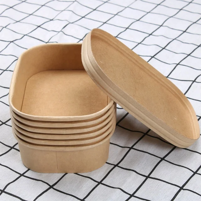 In Stock Rectangular Paper Containers Pla Pla Dome Lid Rectangle Paper Bowl Bibimbap For Take Away