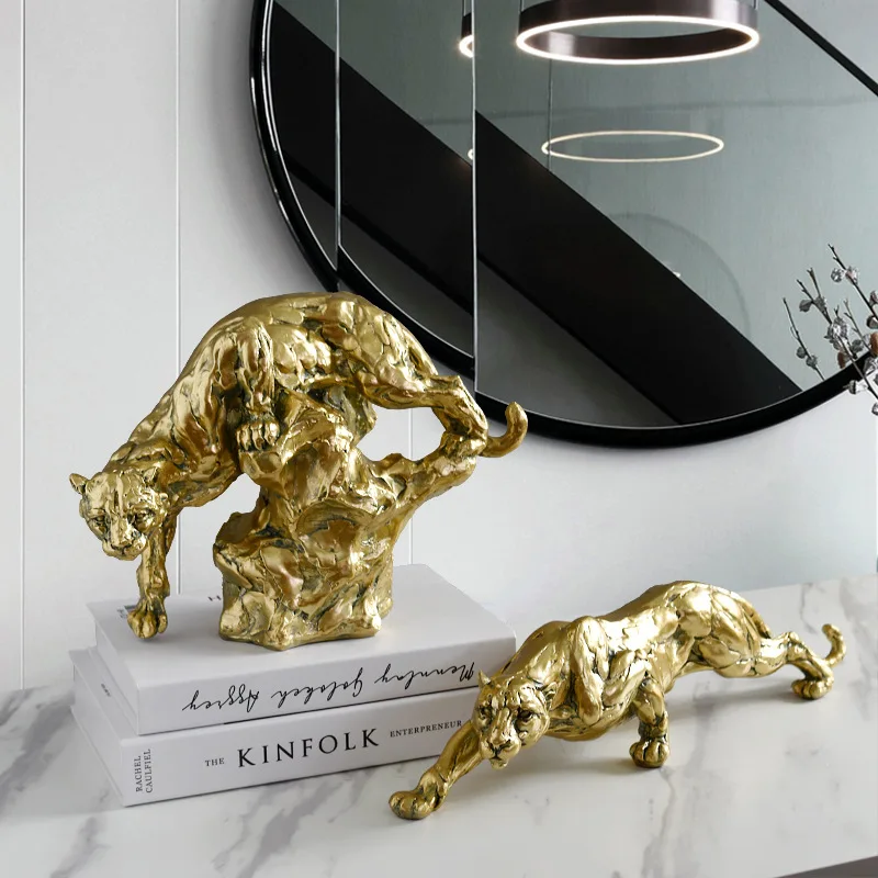 Resin gold leopard statue European creative hotel model room office porch art fengshui lucky gift panther sculpture decoration