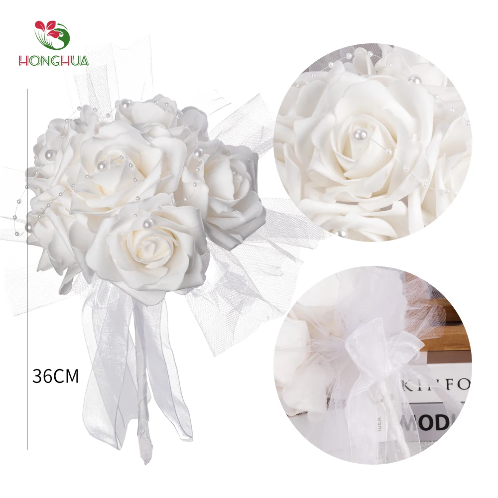 Honghua Factory Wholesale New Cheap Artificial Roses Bridal Handheld Bouquet Artificial Rose Bushes for Wedding Flowers
