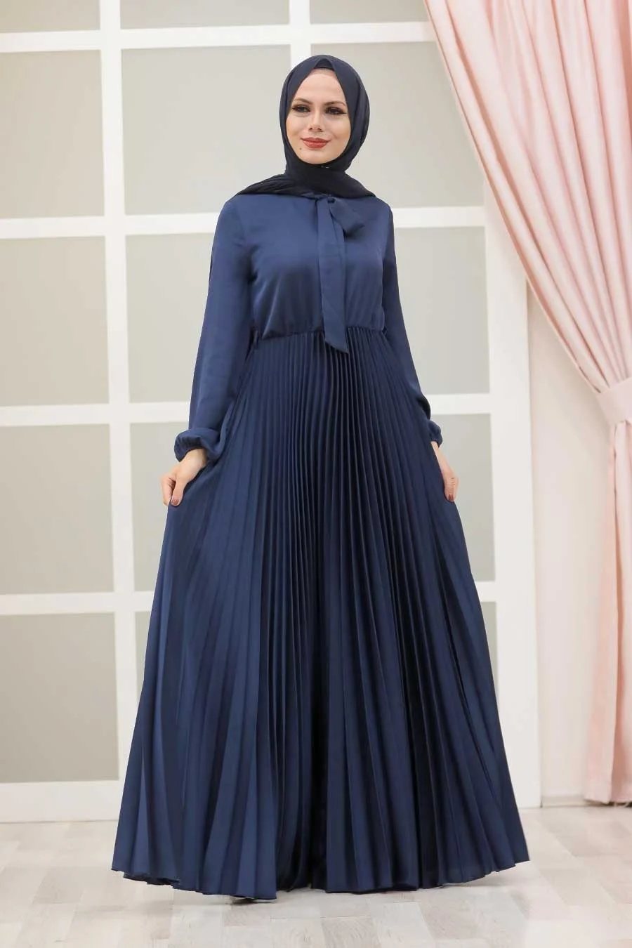Latest Abaya Designs Elegant Plain High-waisted Slim-fit Accordion Pleated Skirt With Tie Design Maxi Women Muslim Dress
