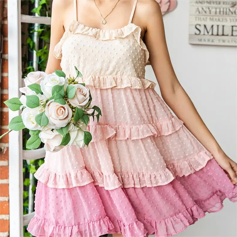 Korea Modern Knee Length Dress Summer Sleeveless  Pink Causal Pleated Nice Short Chiffon Dress For Ladies