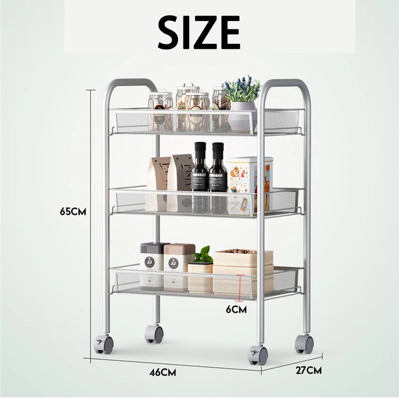 3 Tier Car of Square Rolling Utility , Metal Trolley Cart with Wheels, Easy Assembly Organizer Storage Cart