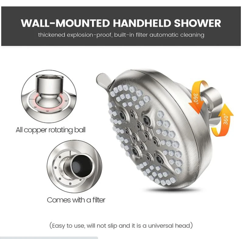 6 inch Shower arm fixed 5 inch shower head brushed nickle high press fixed rain shower head