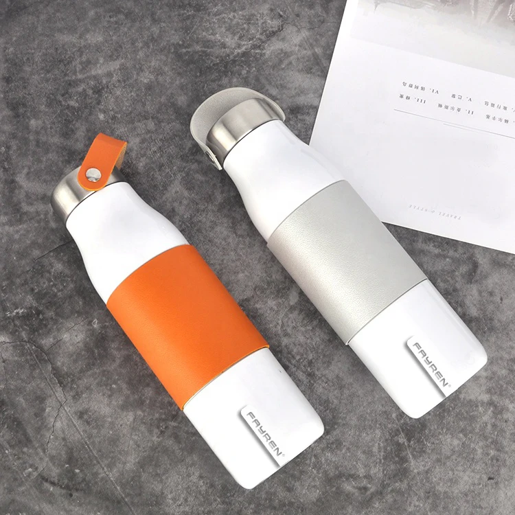 600ml Thermos Multi-color Water Bottles Double Wall Stainless Steel Insulated Vacuum Flask with PU Leather Sleeve And Handle