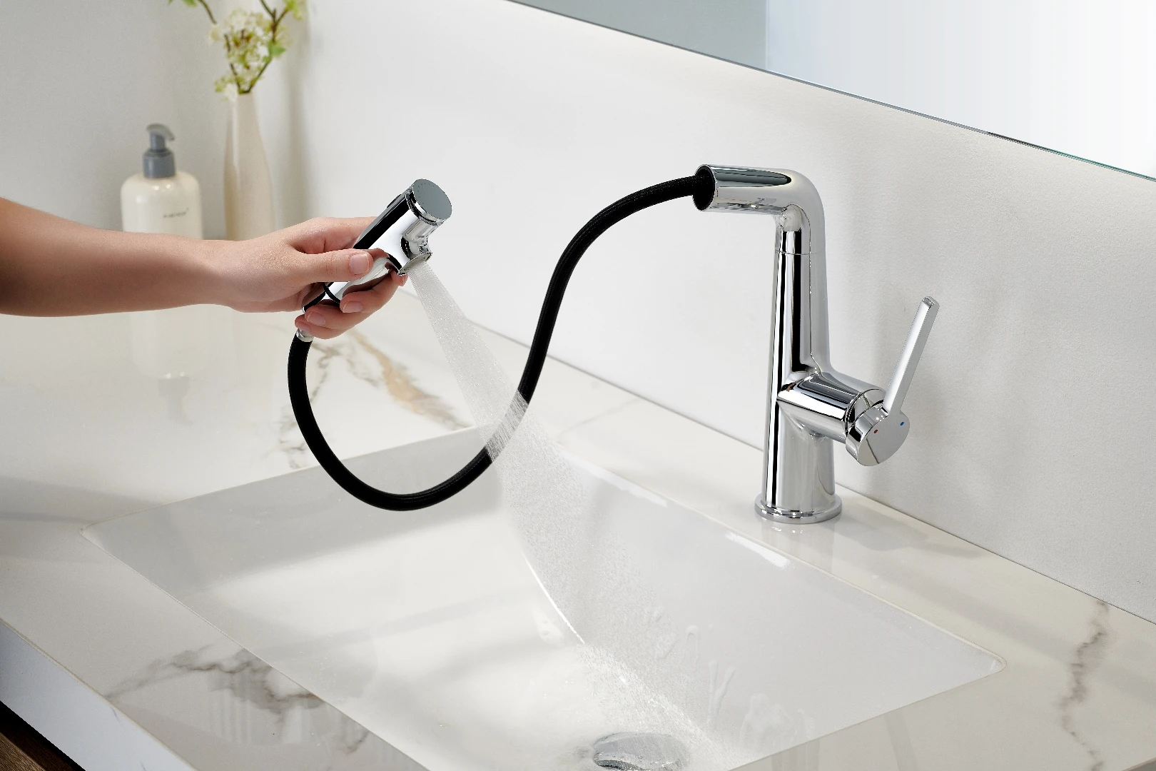 Modern design key switch water brass bathroom faucet hot and cold water control pull out pull up wash face basin faucet