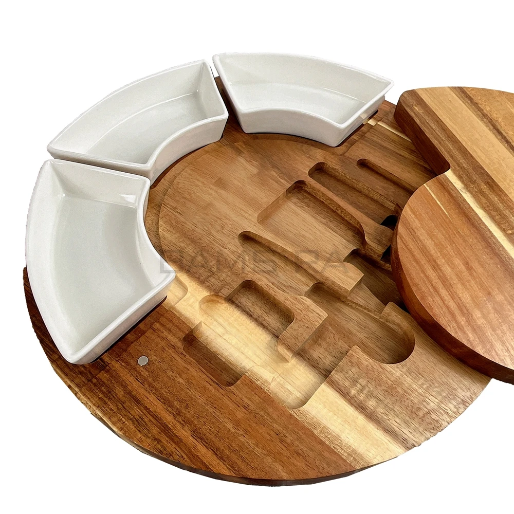 Rotating Cheese Cutting Board, Acacia Wood Cheese Tray with Bowls, Knives, Slates, Chalk/ Bamsira_BSCI