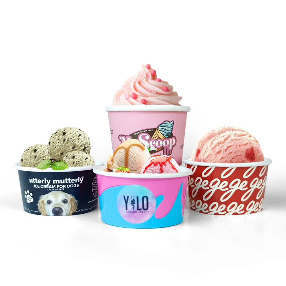 Low MOQ Customized logo Paper Cup for Ice Cream,dessert Bowl With Lid,ice Cream Cup With Lid