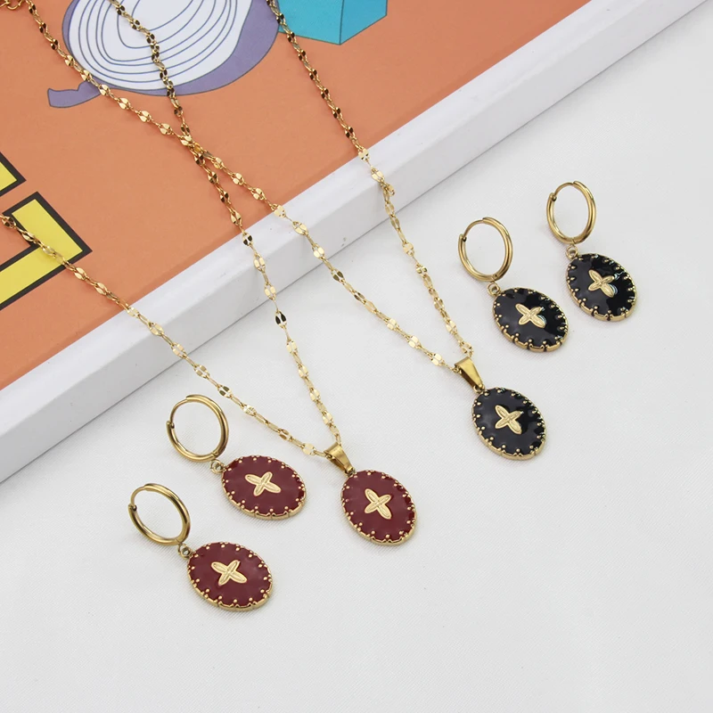 Light Luxury Style 18k Gold Plated Stainless Steel Jewelry Set Colorful Pendant Necklace Women Jewelry