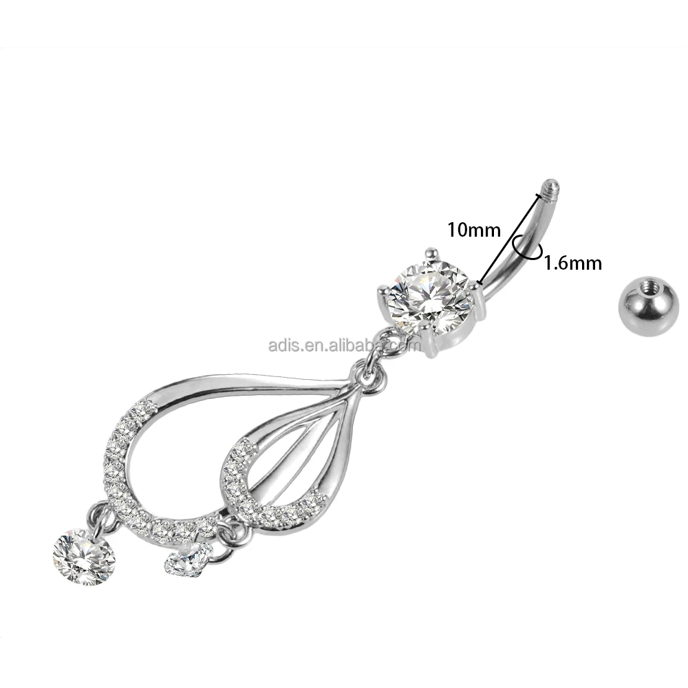 High Polished Stainless Steel Belly Ring Zircon Chain Banana Button Ring Dangle Navel Piercing Jewelry