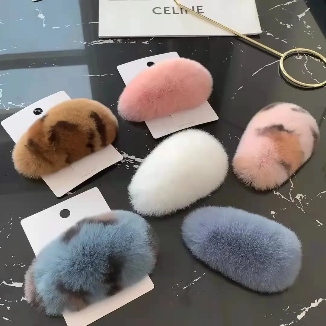 Big cute soft fur hairpin plush rabbit fur leopard print hair clips popular hair ornament for women hairpin