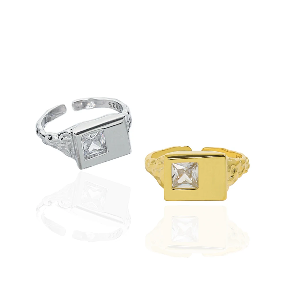 S925 Sterling Silver Geometric Square Zircon Signet Ring Minimalist Fine Jewelry Western Style Adjustable