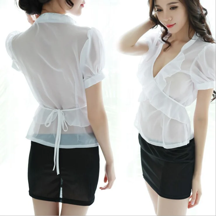 Women Lingerie Sets Deep V Top +Skirt Office Secretary Teacher Cosplay Exotic Uniform