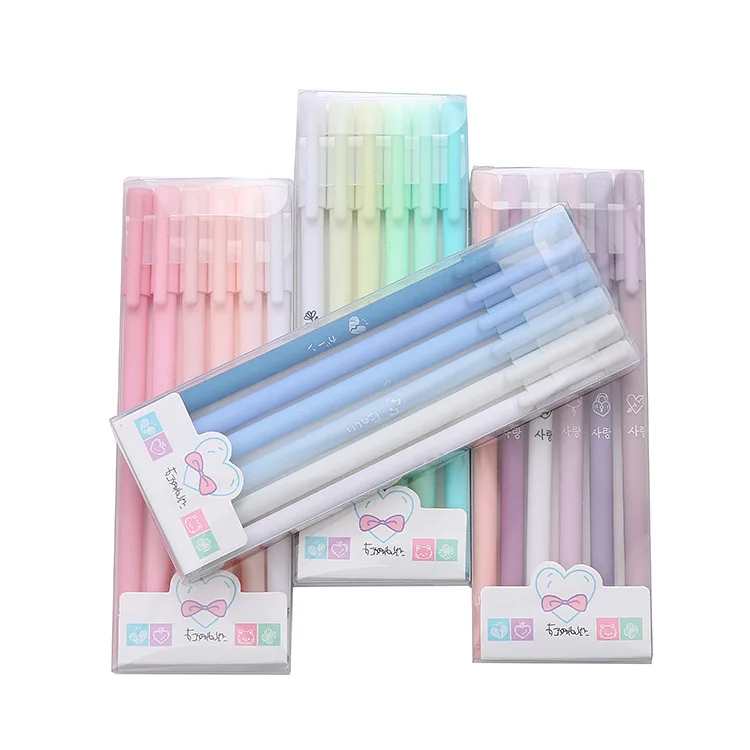 CHXN 6-Pack Boxed Morandi Gel Pens Cute Cartoon Style Unisex Office Student Stationery Blue Pink Purple 0.5mm Writing Plastic