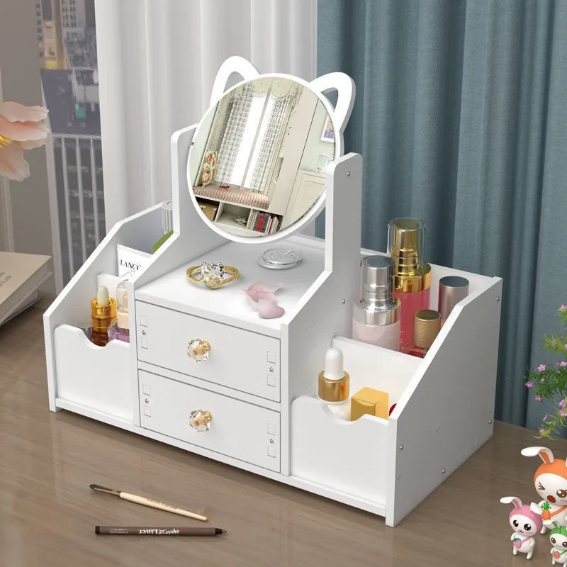 Wholesale price multifunctional luxury white round mirror nordic cosmetic storage box makeup organizer with ears mirror