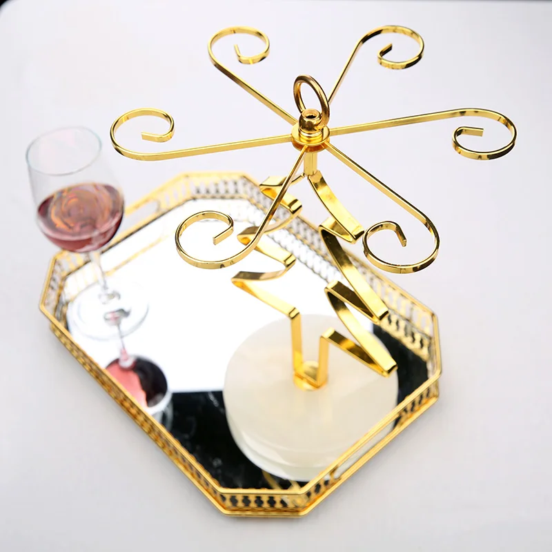 2021 Classic European Style sturdy Rustic Metal Countertop 6 Bottles funky Wine Rack with Cup Holder for Home and Bar Storage