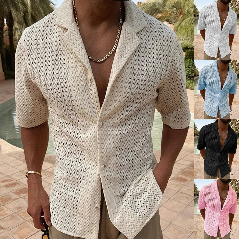Summer Men Hollow Out Knit Shirt Solid Color Slim Sweater Short Sleeve Crochet Top Cardigan Sweater