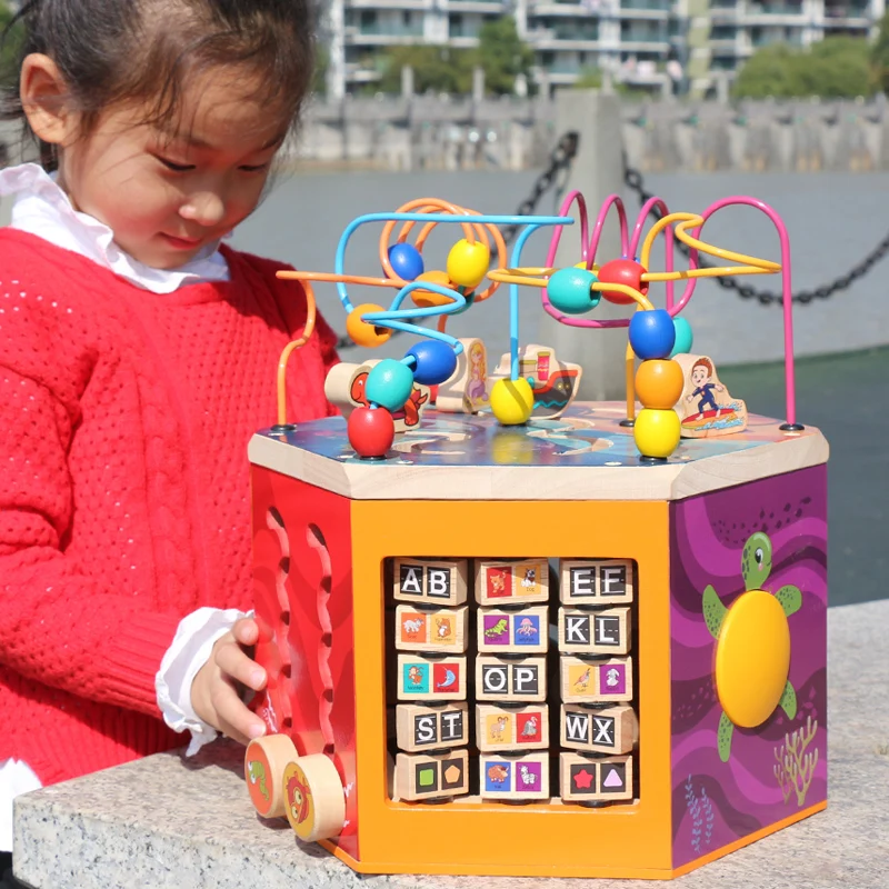 Multifunction Ocean Musical Six Sides Wooden Bead Maze Children Intelligence Learning Educational Cube Toy