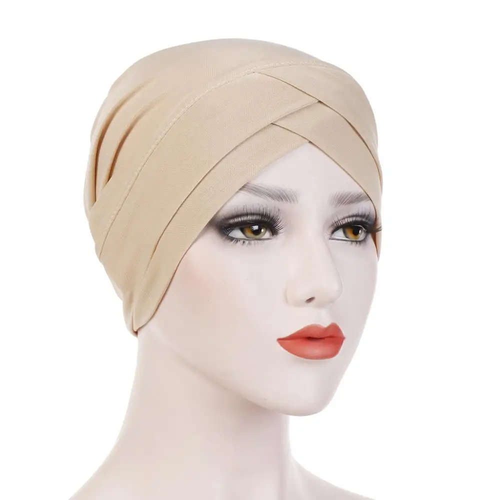 Factory supply  solid color mercerized cotton muslim women underscarf cotton inner hijab cap cross ninja turban