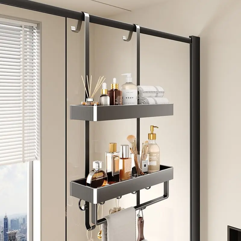 Wholesale multifunctional bathroom shower storage rack wall mounted storage shelf metal door hanging towel rack