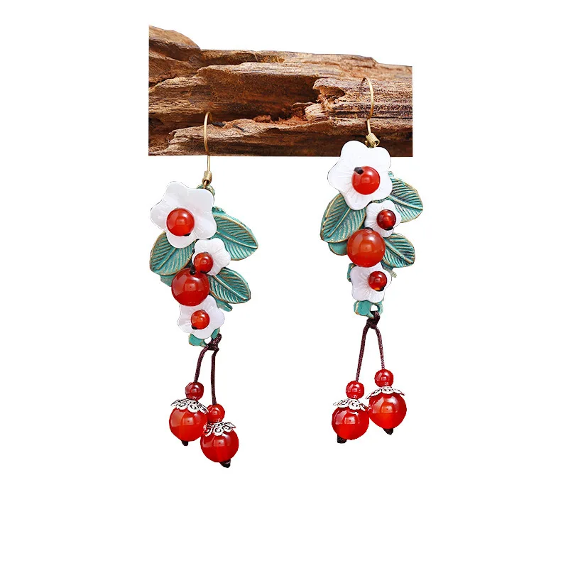 
European and American custom retro alloy beads tassel earrings pendant Bohemian style court hollow agate earrings 