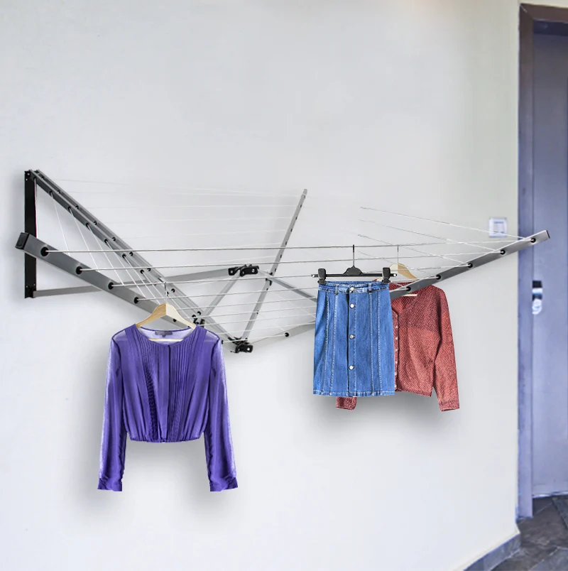 Folding Clothes Drying Rack Large Drying Space Wall Mounted Aluminum Outdoor Clothing Single Bathroom Clothing Organizer Polygon