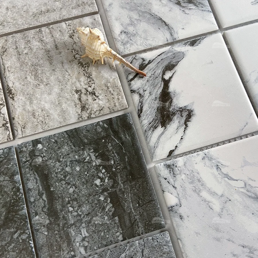 Bluwhale Tile Supply Wholesale Anti Slip Marble Look White Porcelain Mosaic 4x4 Square Glossy Surface Ceramic Swimming Pool Tile