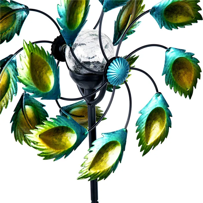 Hourpark Wholesale Green Metal Wind Spinners Peacock Feather Sculpture Ornaments Garden Wind Spinners
