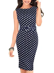 Новейшая винтажная одежда в горошек для работы, офисное Повседневное платье без рукавов длиной до колена, женское платье-карандаш, свадебные платья, платье большого размера