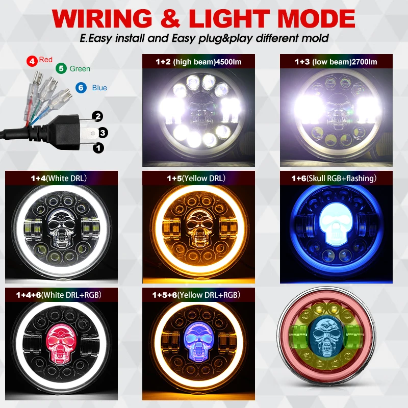  Dot E9 Skull RGB Super Bright LED Lamp Angle Eyes Daymaker Halo Ring DRL Round Motorcycle 7 Inch Headlights for Wrangler
