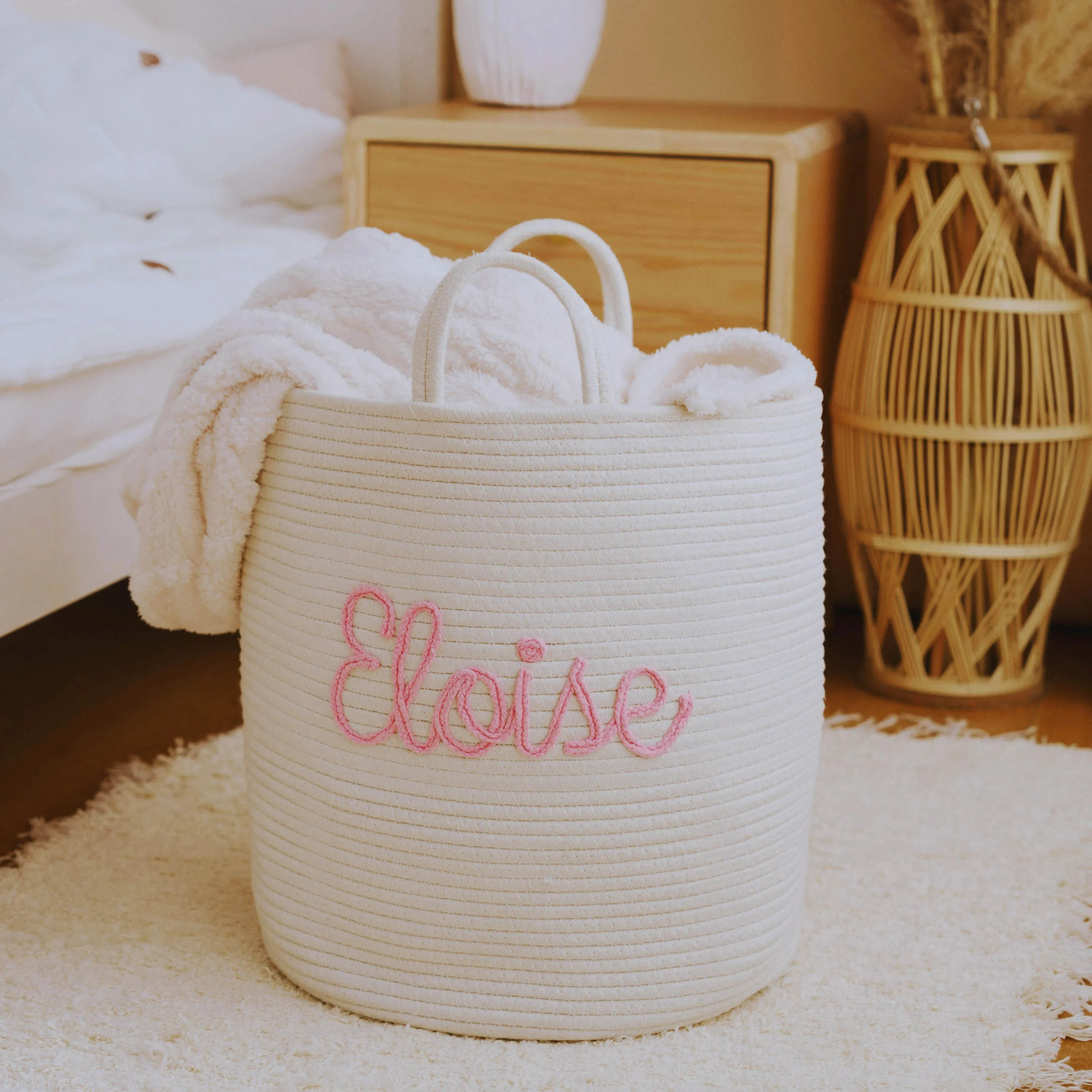 Custom Personalized Baby Shower Gift Basket Rope Cotton Baby Name Toy Basket Diaper Organizer