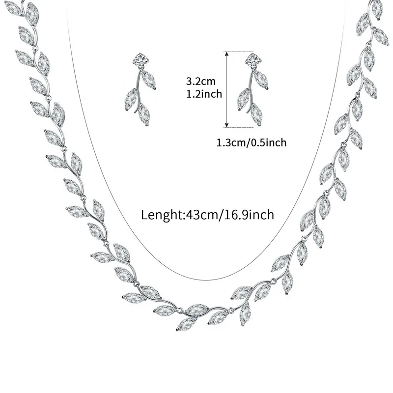 Elegant Leaf Cubic Zirconia CZ Crystal Tennis Necklace and Earring Wedding Jewelry Set for Bride or Bridesmaid