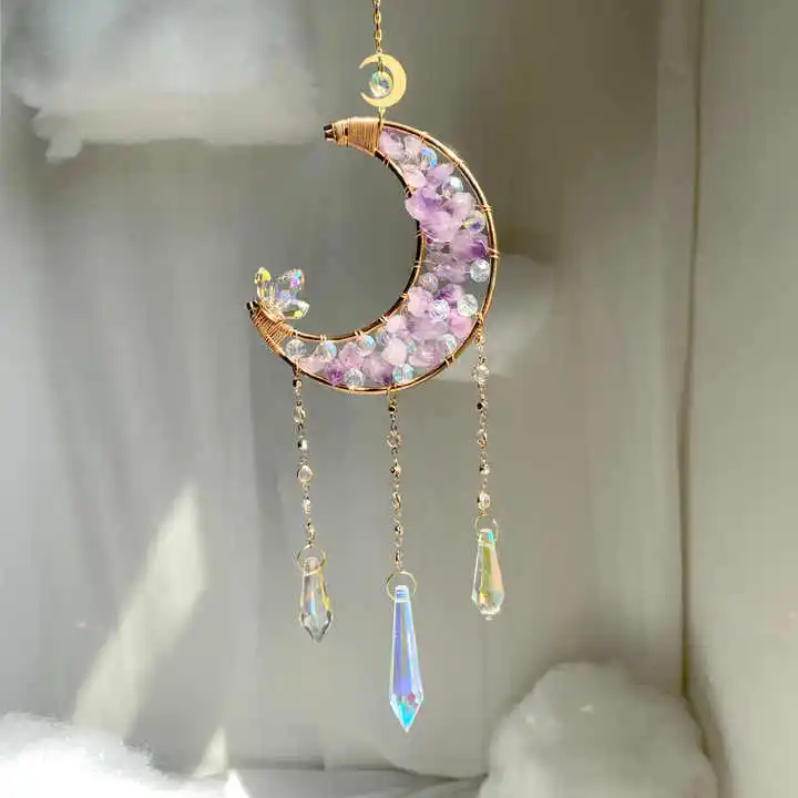 High quality natural crystal sun catcher moon sun catchers amethyst moon suncatche wind chimes