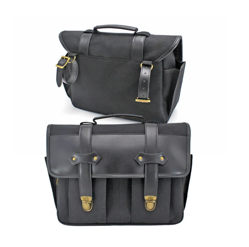 high quality durable waxed canvas real genuine cowhide leather strong motorcycle rider panniers saddle bags