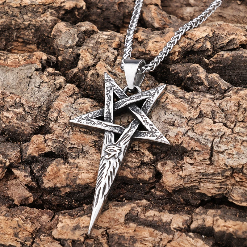 316 Steel Gothic Punk Eye Of Horus Star Pendant Antique Pointy Pentagon Egypt Eye Of Horus Biker Halloween Men Pendant Necklace