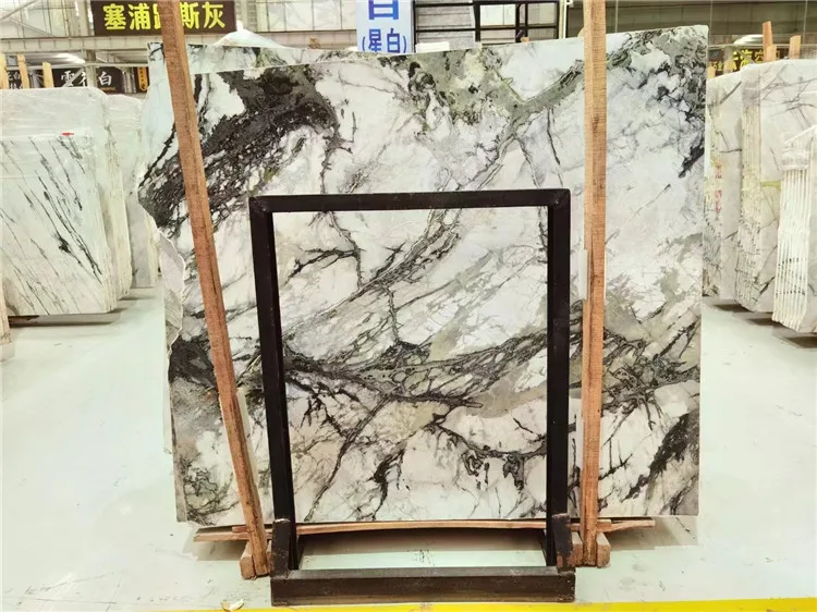 polished white grey color natural marble slab with black veins for home