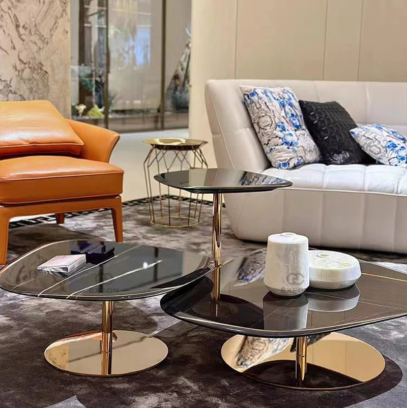 Italian Light Luxury Stainless Steel Black Gold Marble Top Living Room Furniture High-end Coffee Table