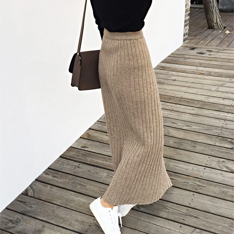 Winter Autumn Knitting Skirt High Waist Long Pencil Skirt Women Open Slit Warm Thicken Knitted Casual Vintage Maxi Skirt