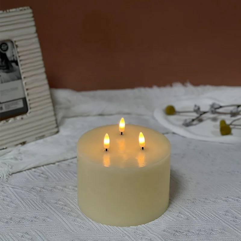 Custom Extra Large Paraffin Wax 3 Wicks Big Battery Operated Real Wax led candle 3D wick pillar led flameless candles