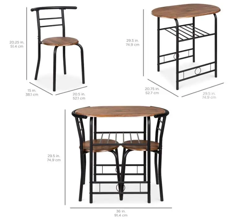 
3-Piece Wooden Round Table & Chair Set for Kitchen, Dining Room, Compact Space w/Steel Frame, Built-in Wine Rack - Black/Brown 